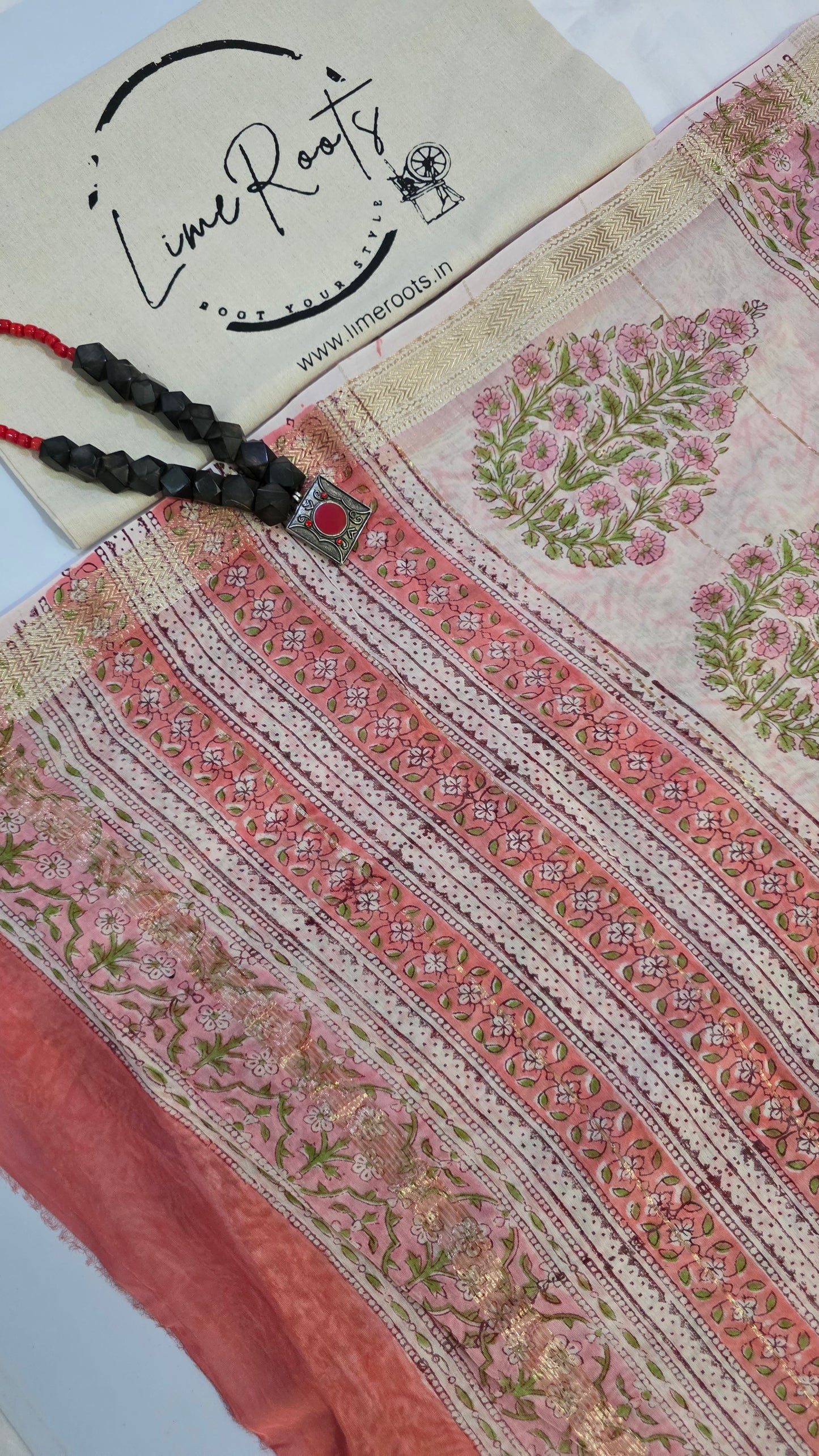 Peach Handblocked Printed Maheshwari Silk Saree