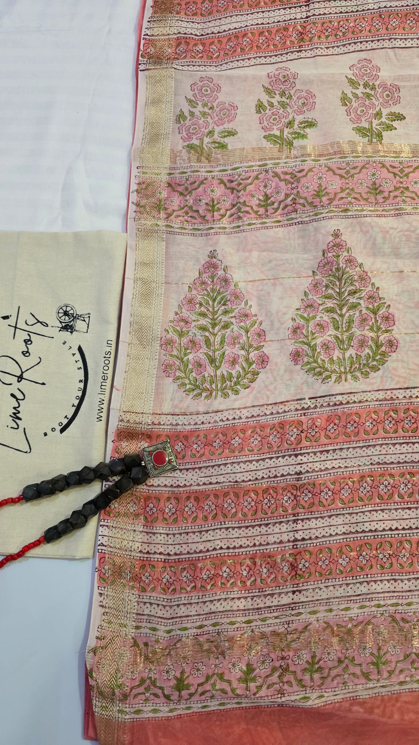 Peach Handblocked Printed Maheshwari Silk Saree