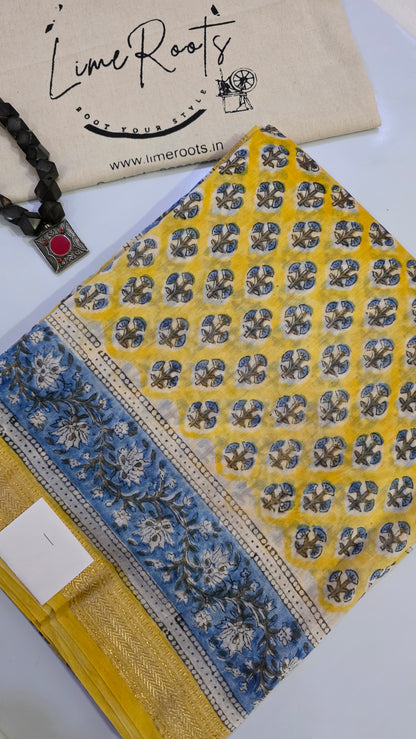Yellow Handblocked Printed Maheshwari Silk Saree