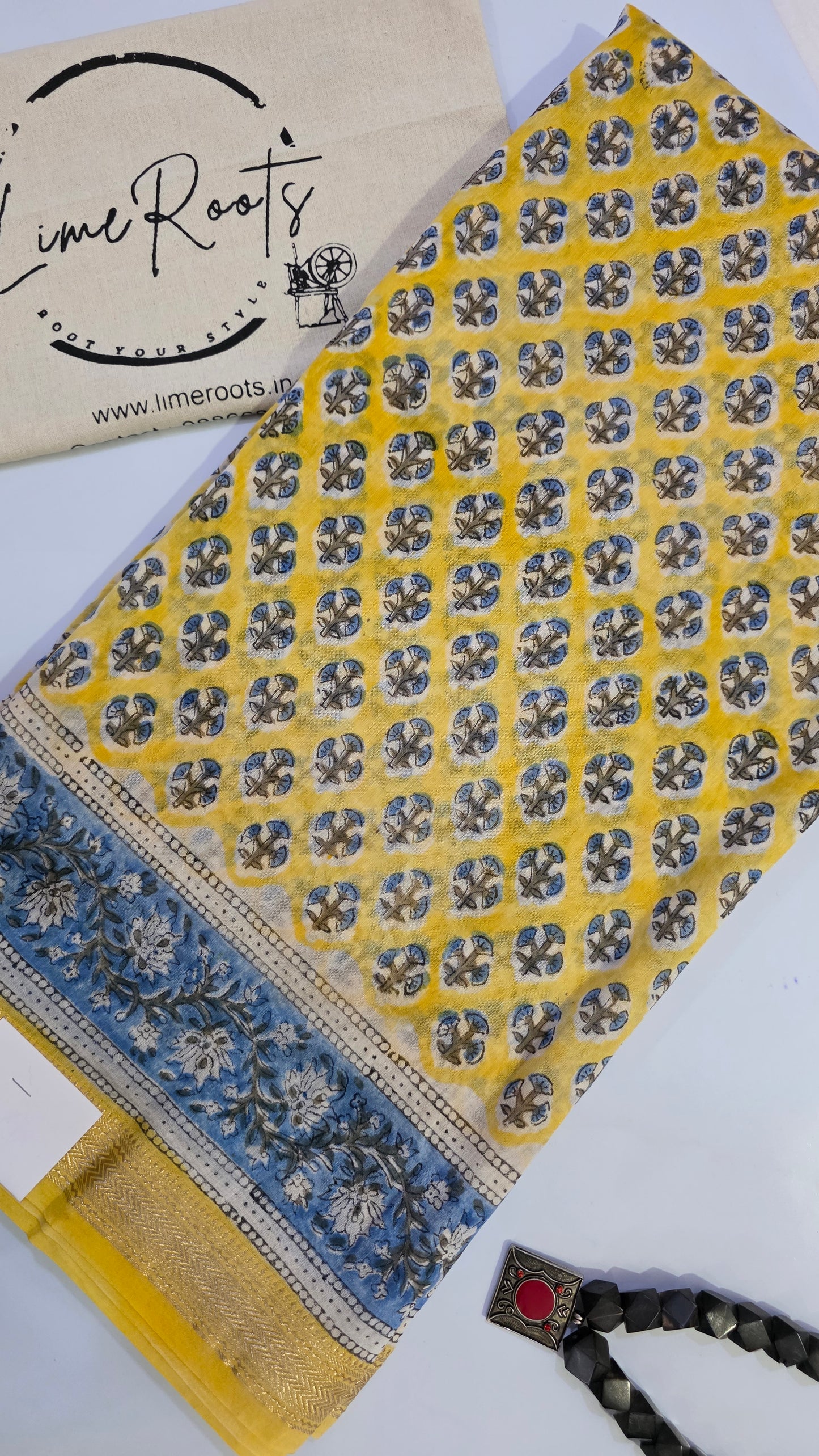Yellow Handblocked Printed Maheshwari Silk Saree