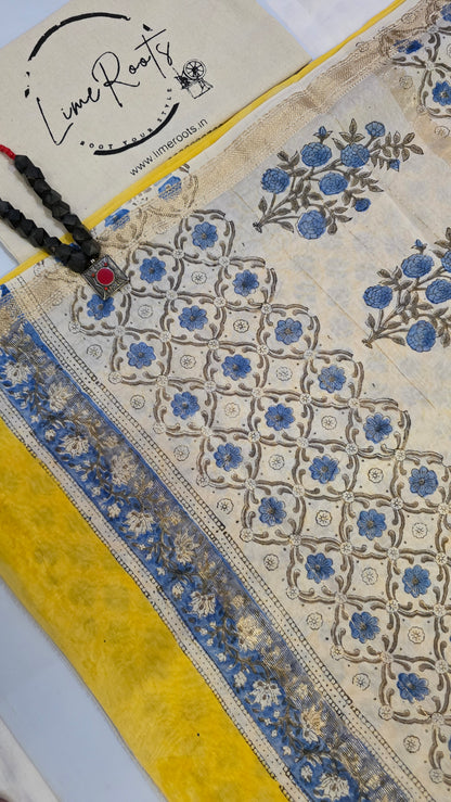 Yellow Handblocked Printed Maheshwari Silk Saree