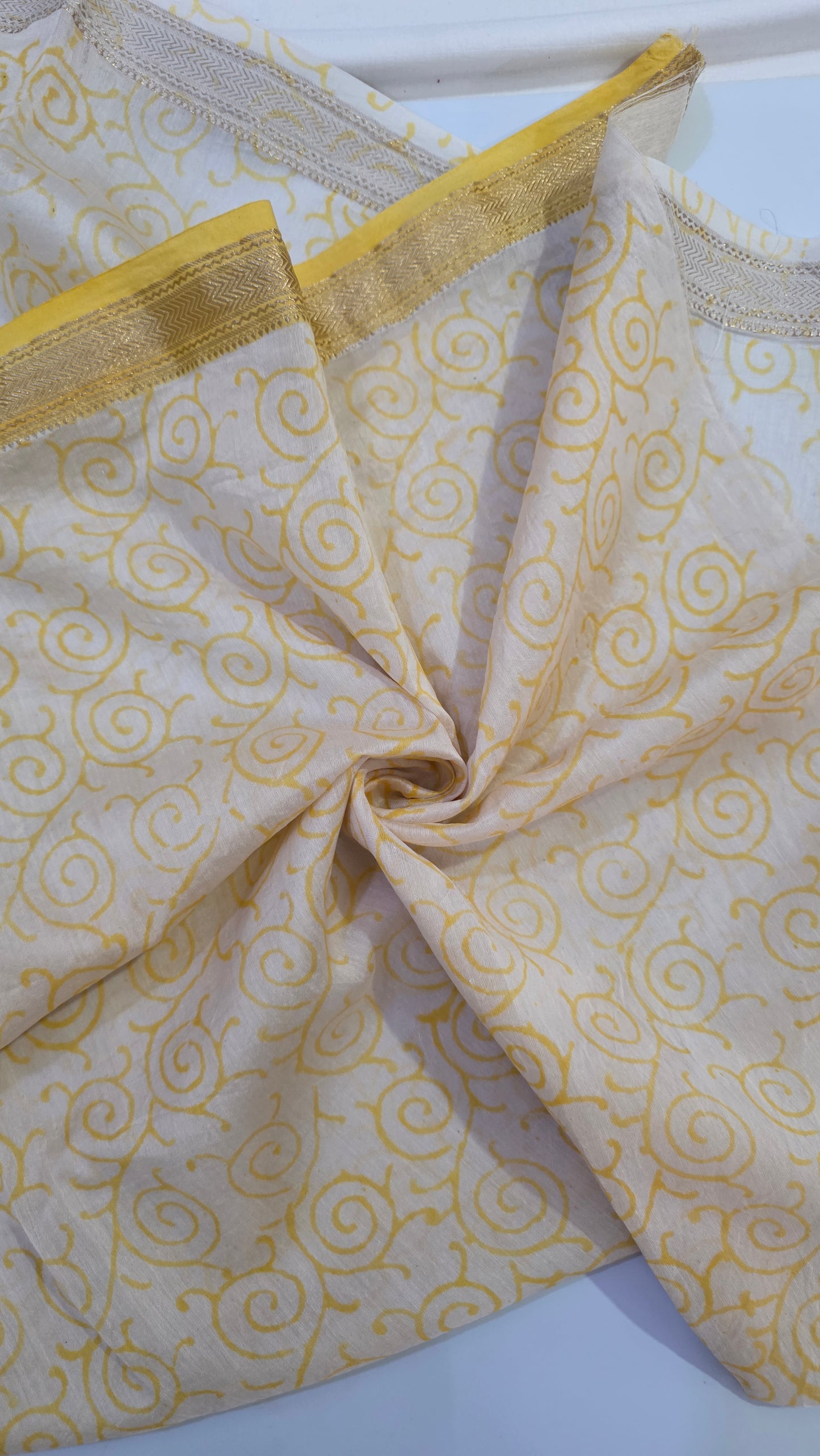 Yellow Handblocked Printed Maheshwari Silk Saree