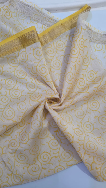 Yellow Handblocked Printed Maheshwari Silk Saree