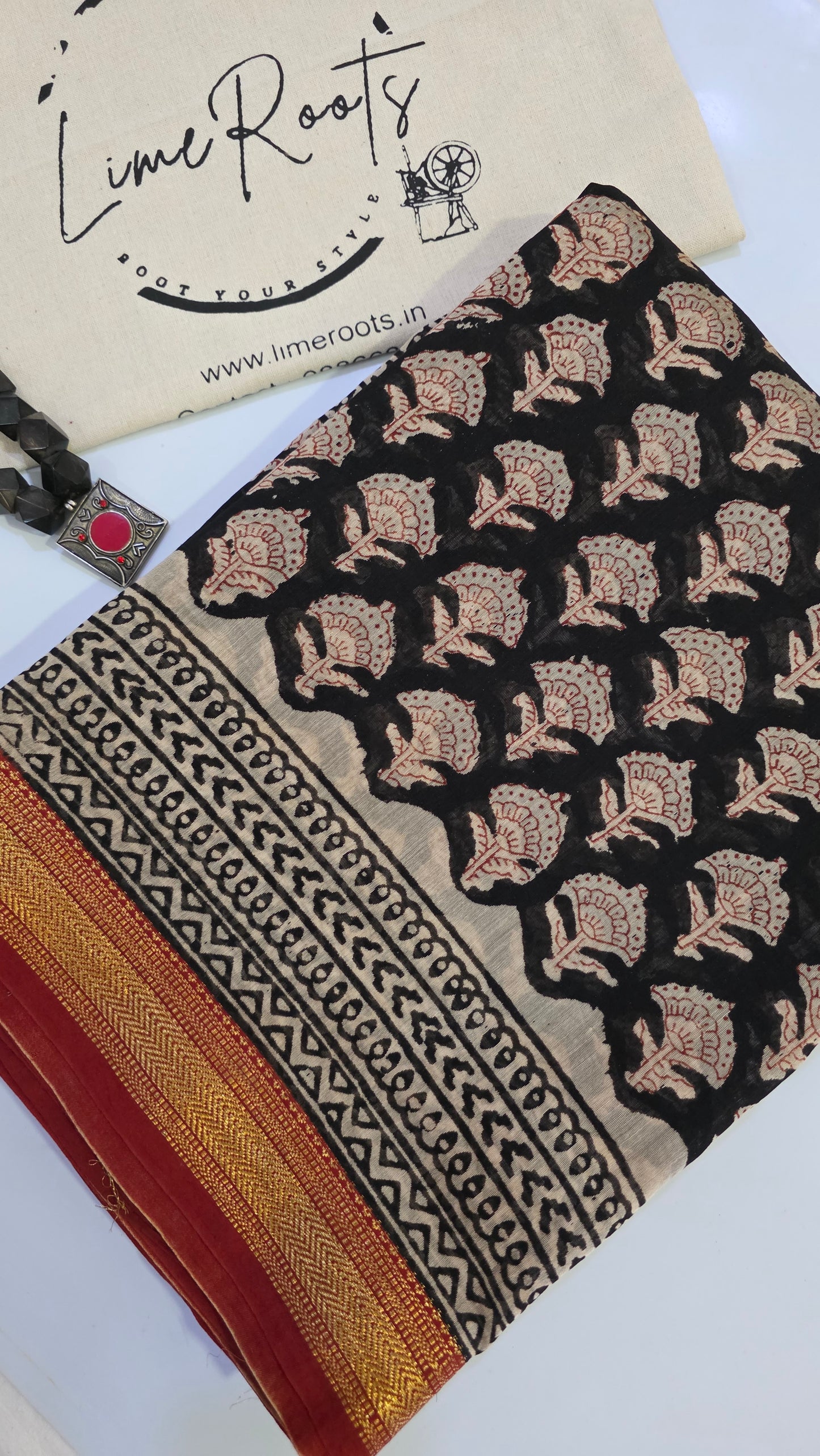 Black Handblocked Printed Maheshwari Silk Saree