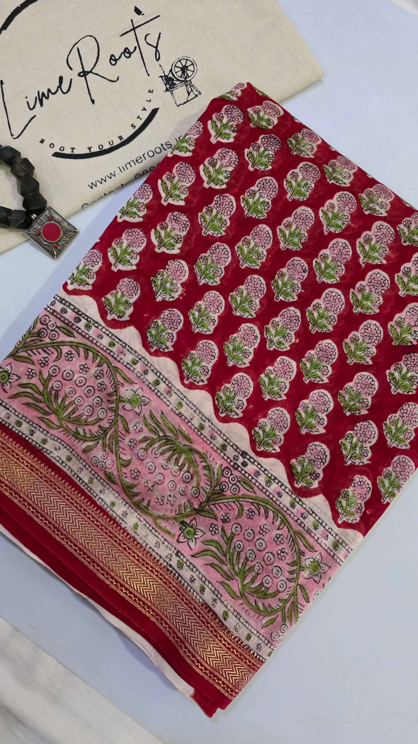 Red Handblocked Printed Maheshwari Silk Saree