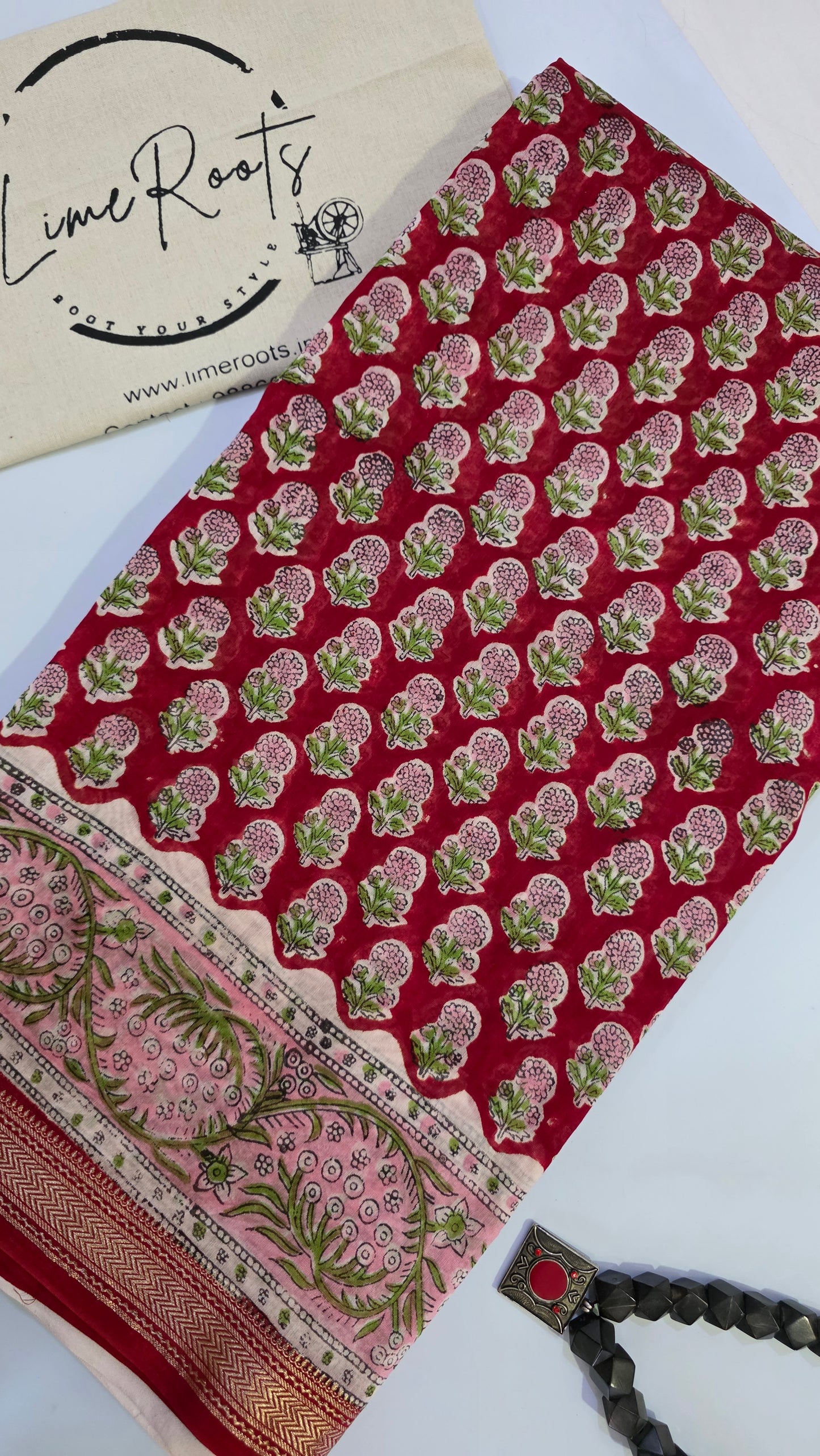 Red Handblocked Printed Maheshwari Silk Saree