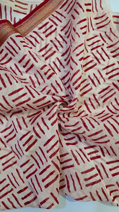 Red Handblocked Printed Maheshwari Silk Saree