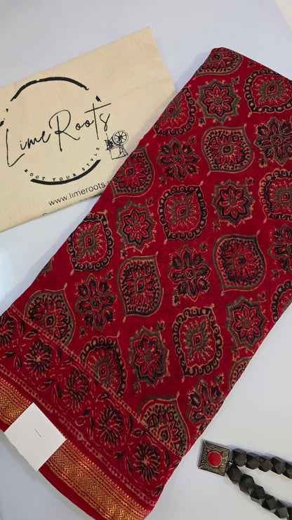 Red Handblocked Printed Maheshwari Silk Saree