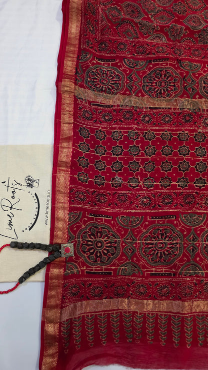 Red Handblocked Printed Maheshwari Silk Saree