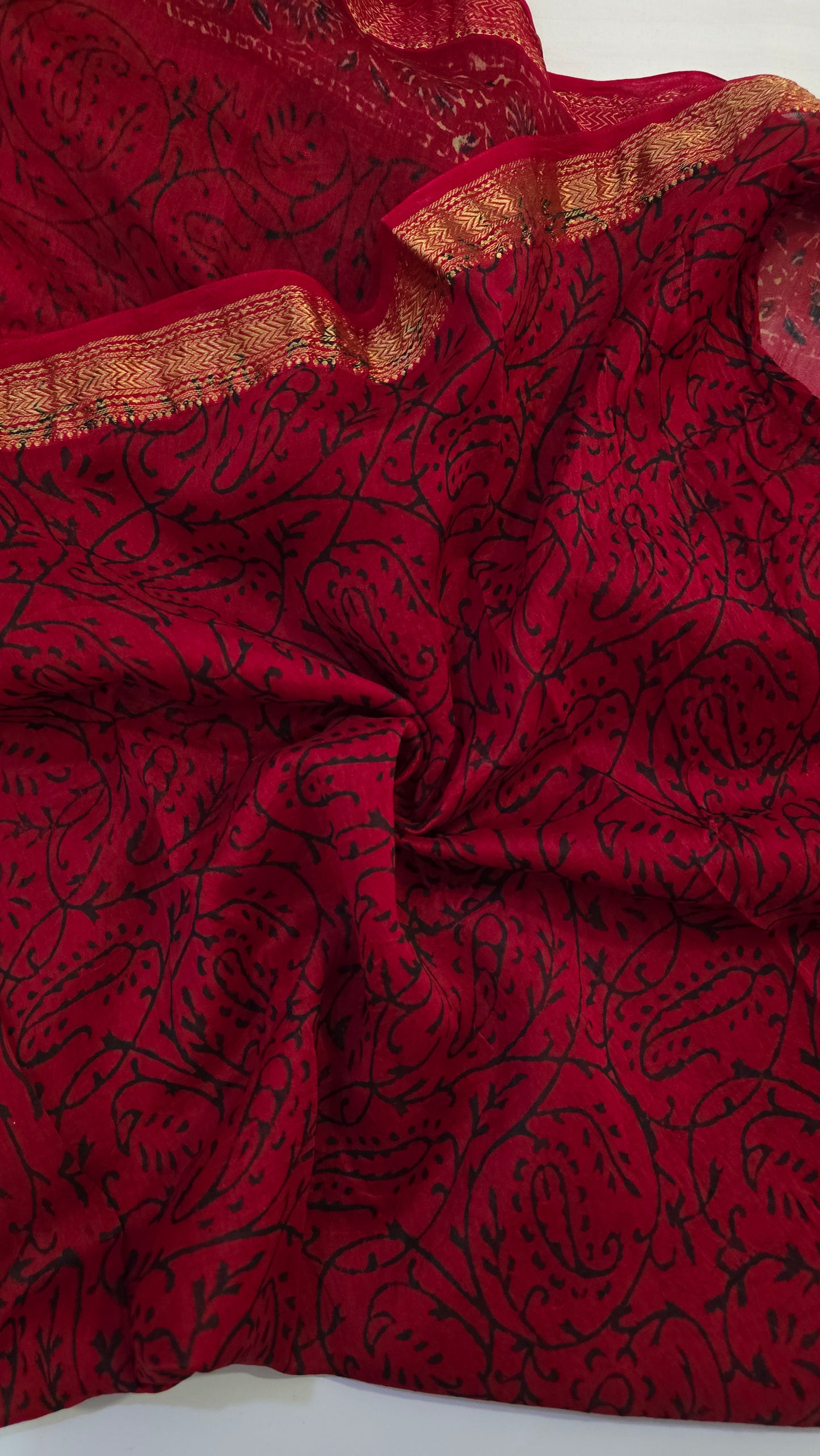 Red Handblocked Printed Maheshwari Silk Saree