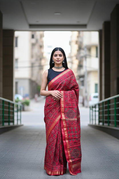 Red Handblocked Printed Maheshwari Silk Saree