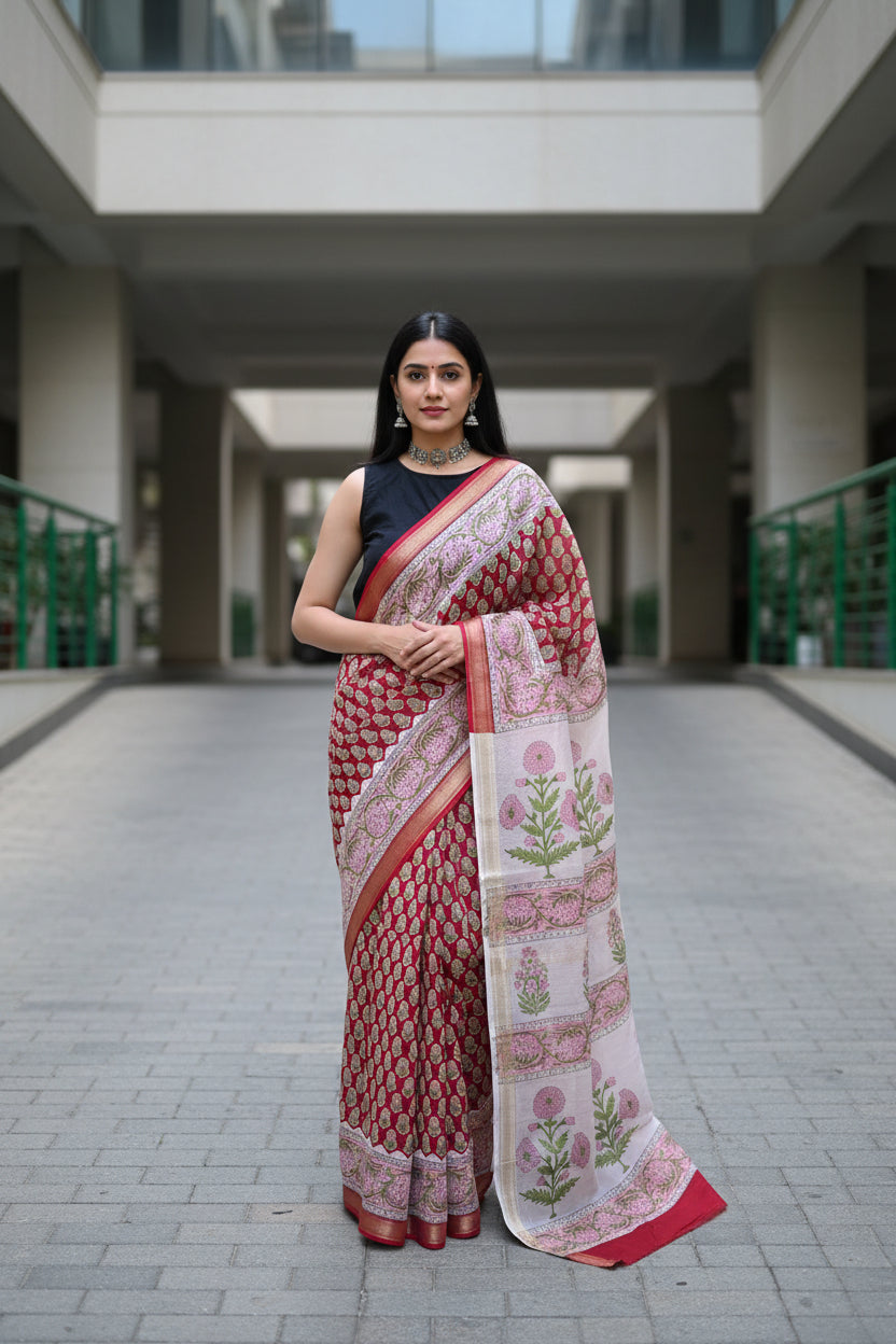 Red Handblocked Printed Maheshwari Silk Saree