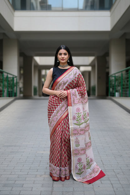 Red Handblocked Printed Maheshwari Silk Saree