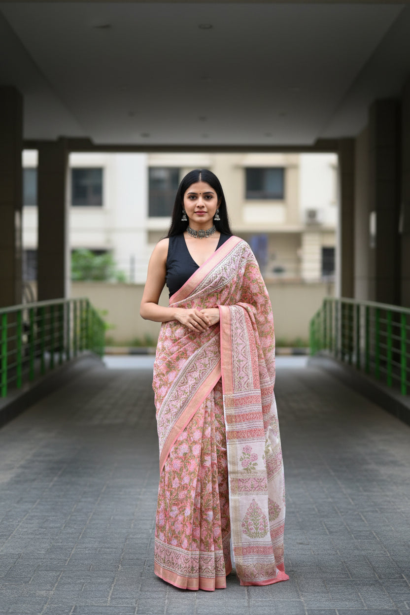 Peach Handblocked Printed Maheshwari Silk Saree