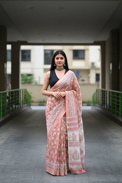 Peach Handblocked Printed Maheshwari Silk Saree