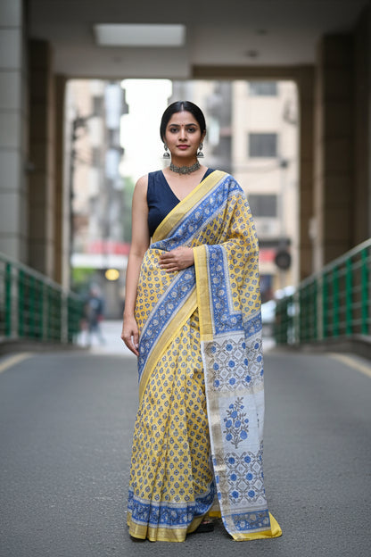 Yellow Handblocked Printed Maheshwari Silk Saree