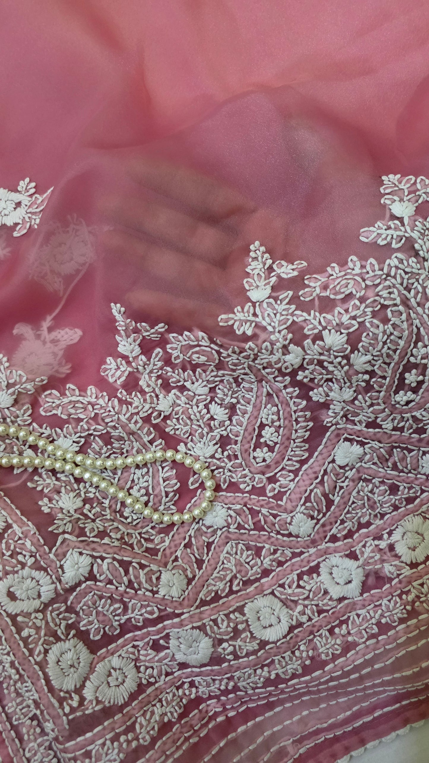 Rose Pink organza saree with Chikankari embroidery