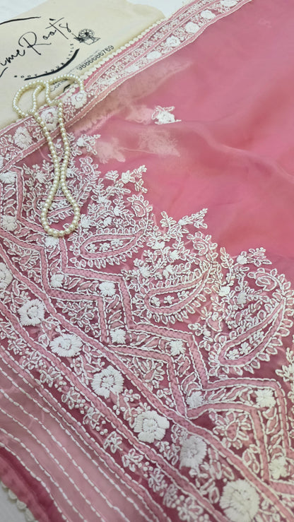 Rose Pink organza saree with Chikankari embroidery