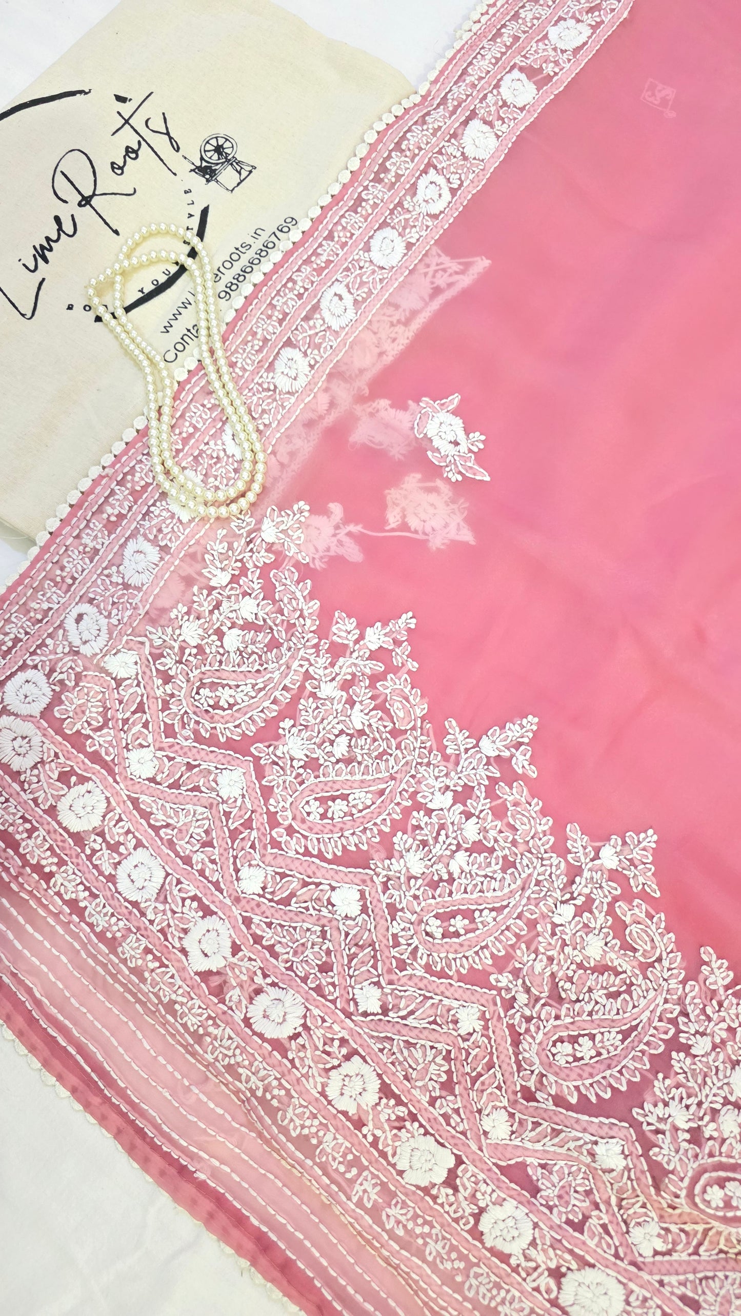Rose Pink organza saree with Chikankari embroidery
