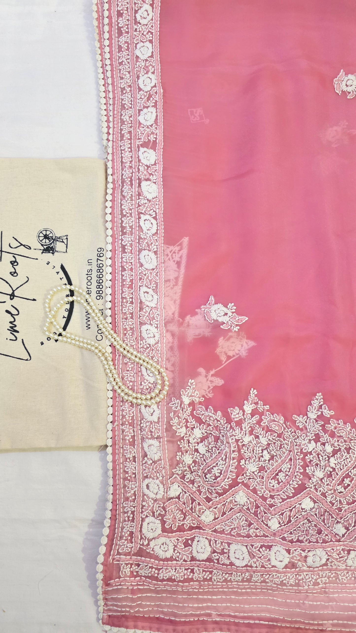 Rose Pink organza saree with Chikankari embroidery