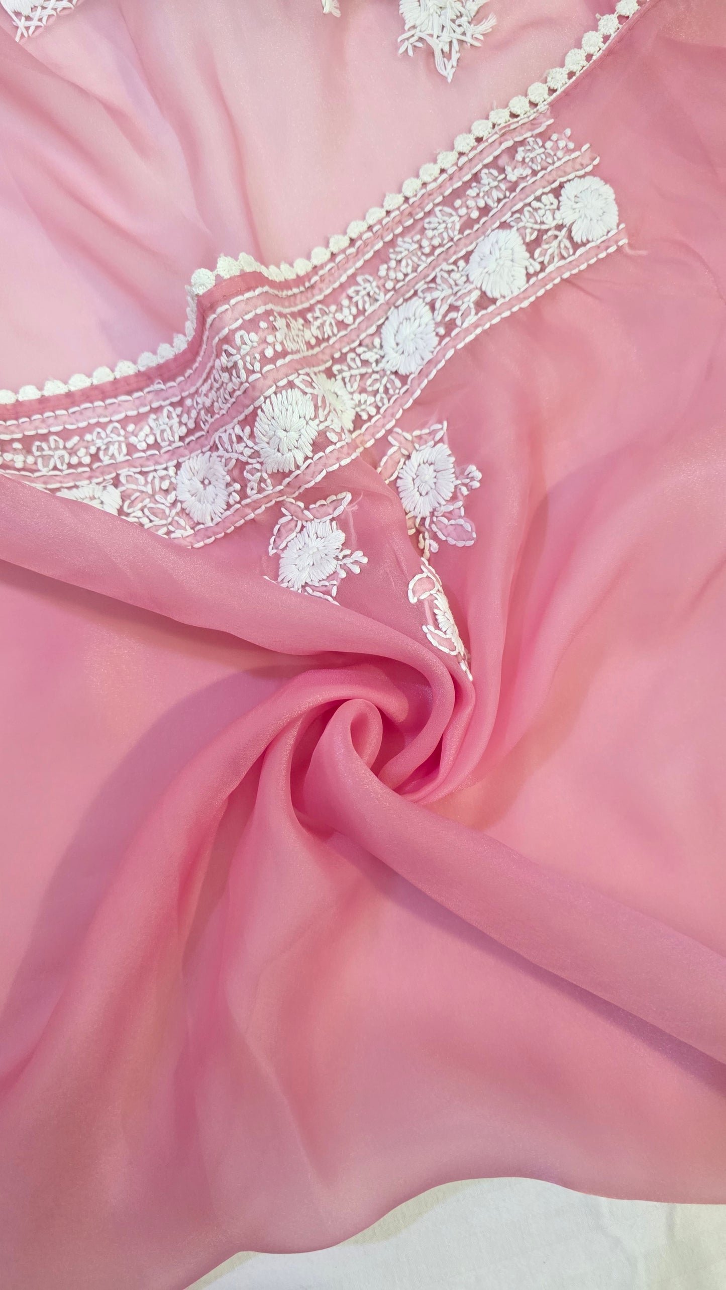 Rose Pink organza saree with Chikankari embroidery