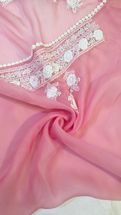 Rose Pink organza saree with Chikankari embroidery