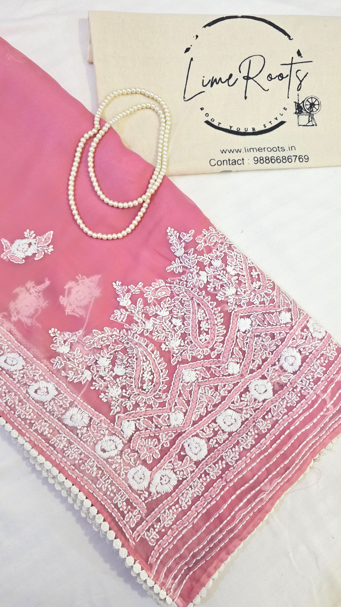 Rose Pink organza saree with Chikankari embroidery