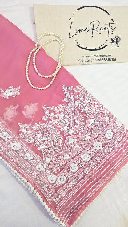 Rose Pink organza saree with Chikankari embroidery