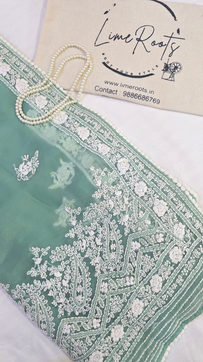 Green organza saree with Chikankari embroidery