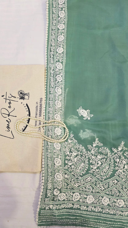 Green organza saree with Chikankari embroidery