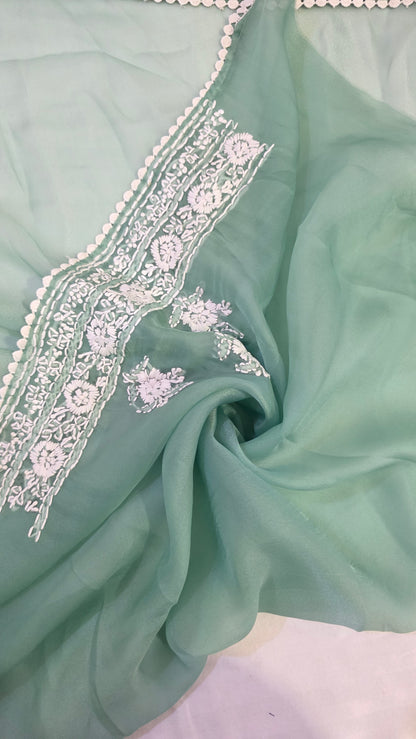 Green organza saree with Chikankari embroidery