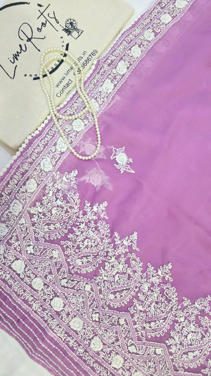 Lavender organza saree with Chikankari embroidery