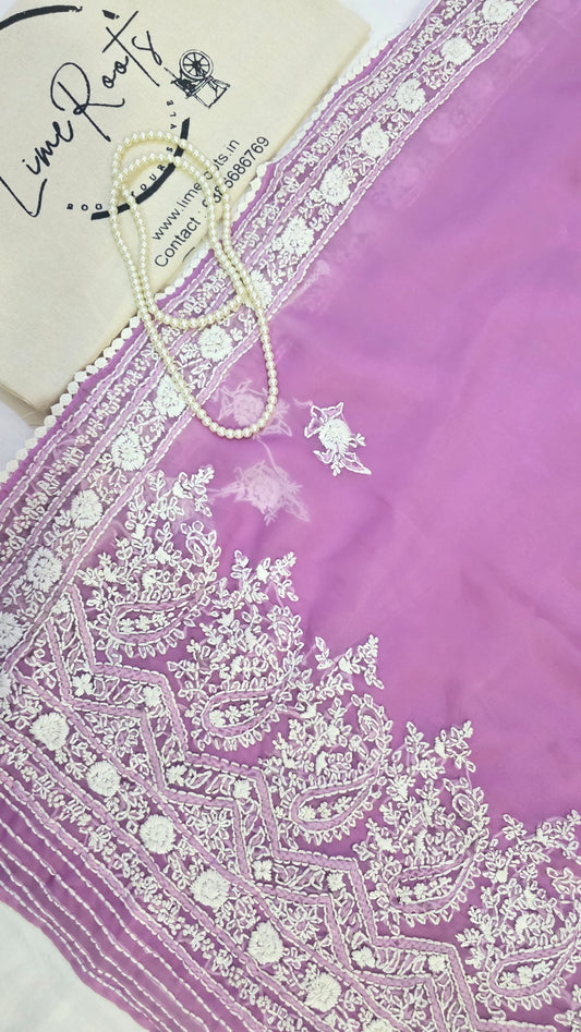 Lavender organza saree with Chikankari embroidery