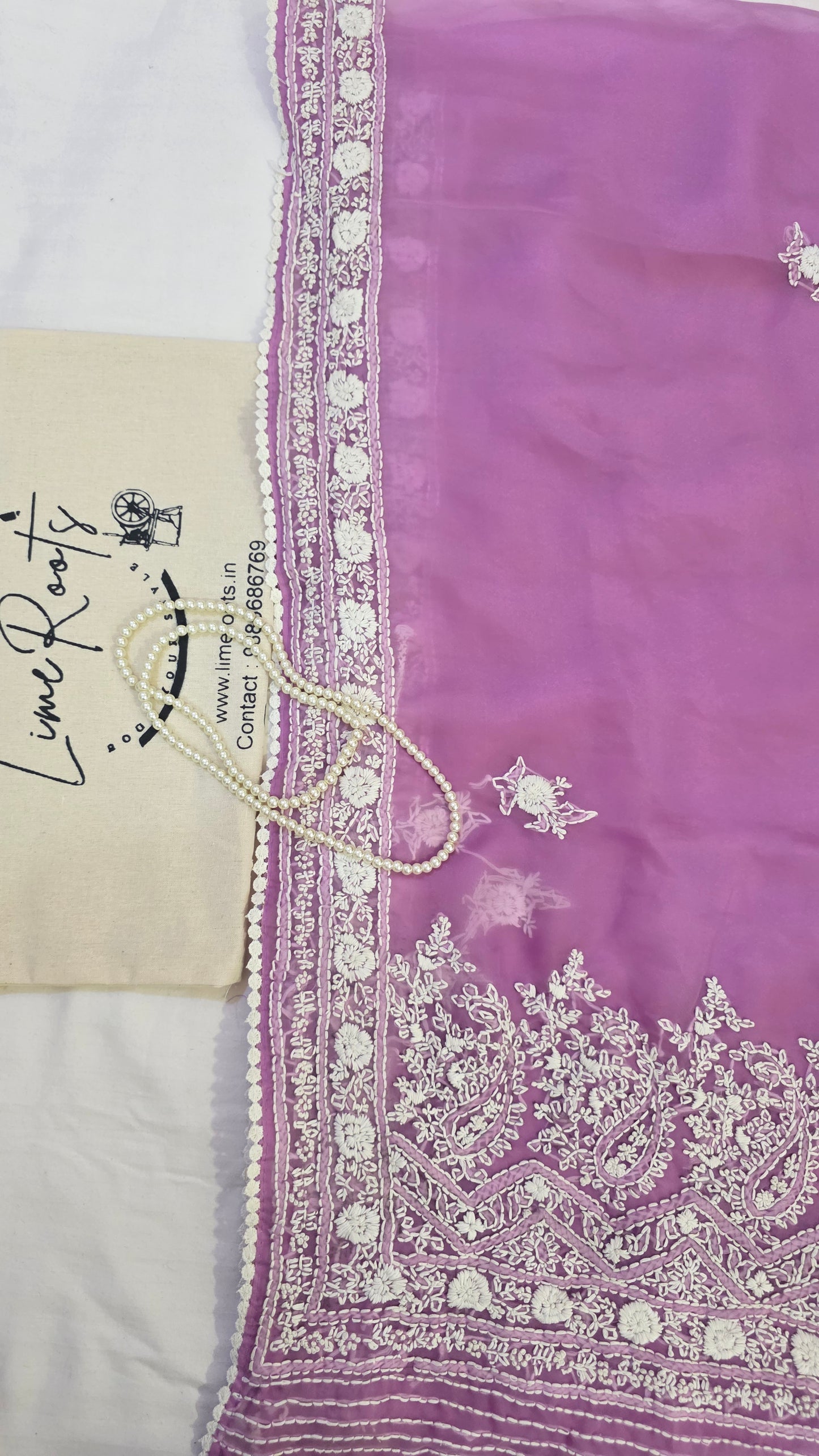 Lavender organza saree with Chikankari embroidery