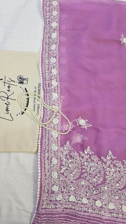 Lavender organza saree with Chikankari embroidery