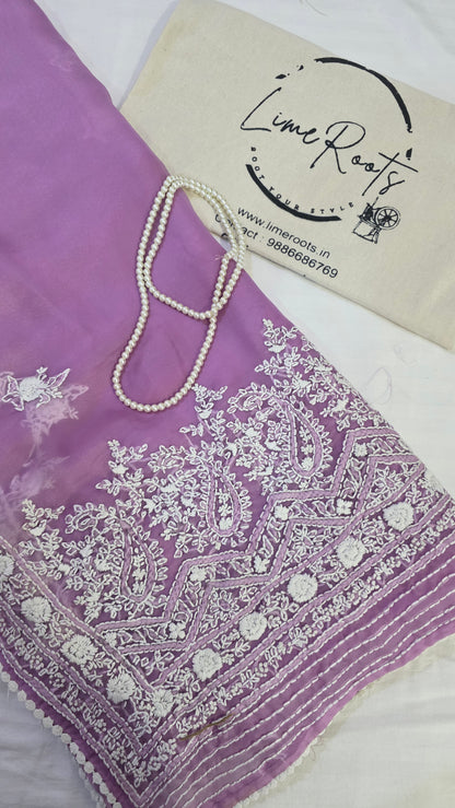Lavender organza saree with Chikankari embroidery