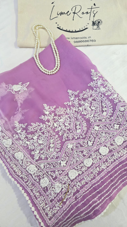 Lavender organza saree with Chikankari embroidery
