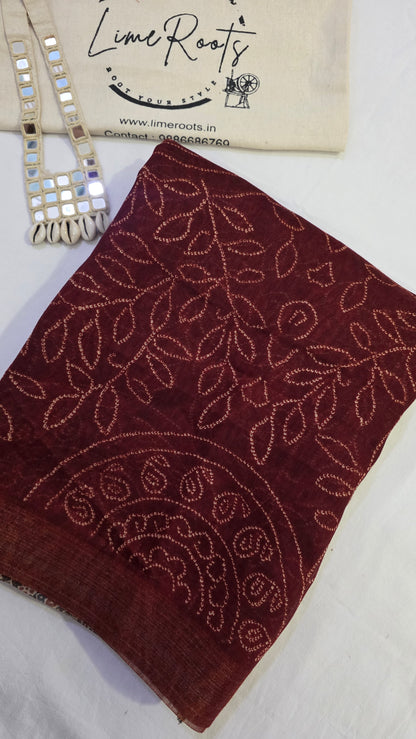 Terracotta Ajrakh Bandhini Linen cotton Saree