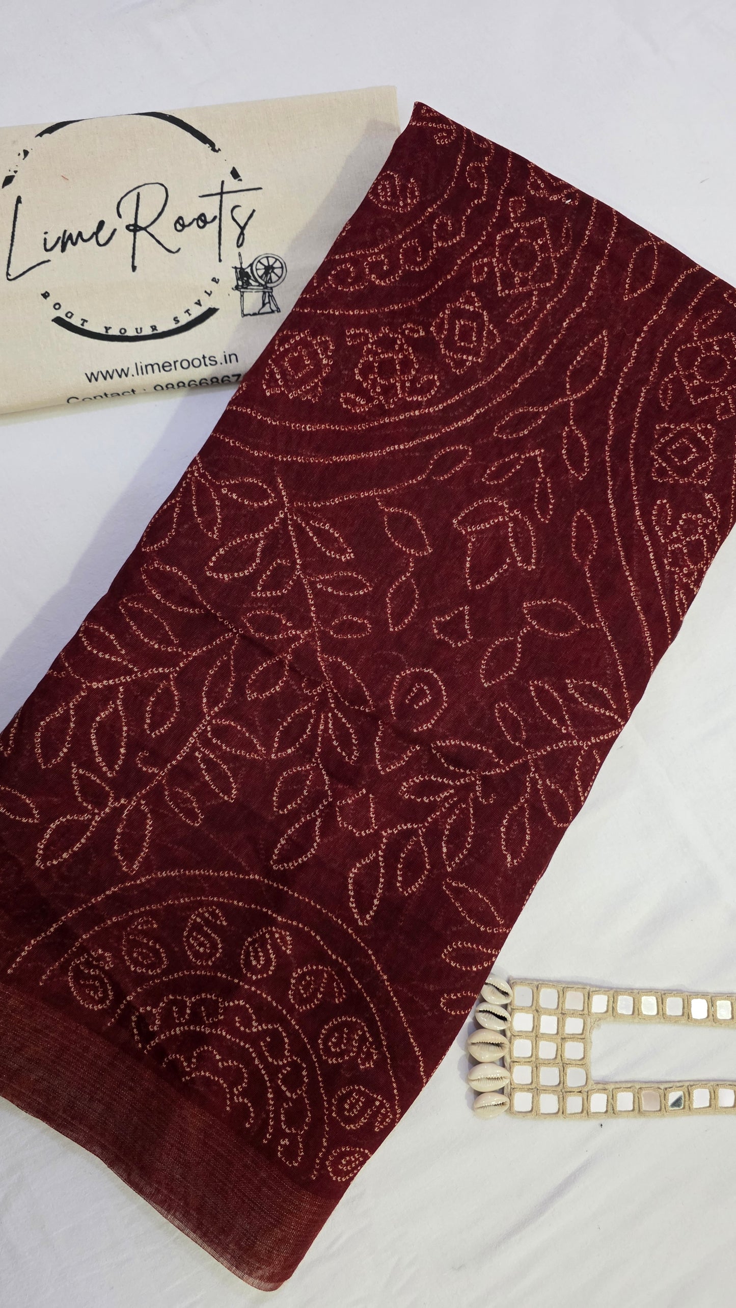 Terracotta Ajrakh Bandhini Linen cotton Saree
