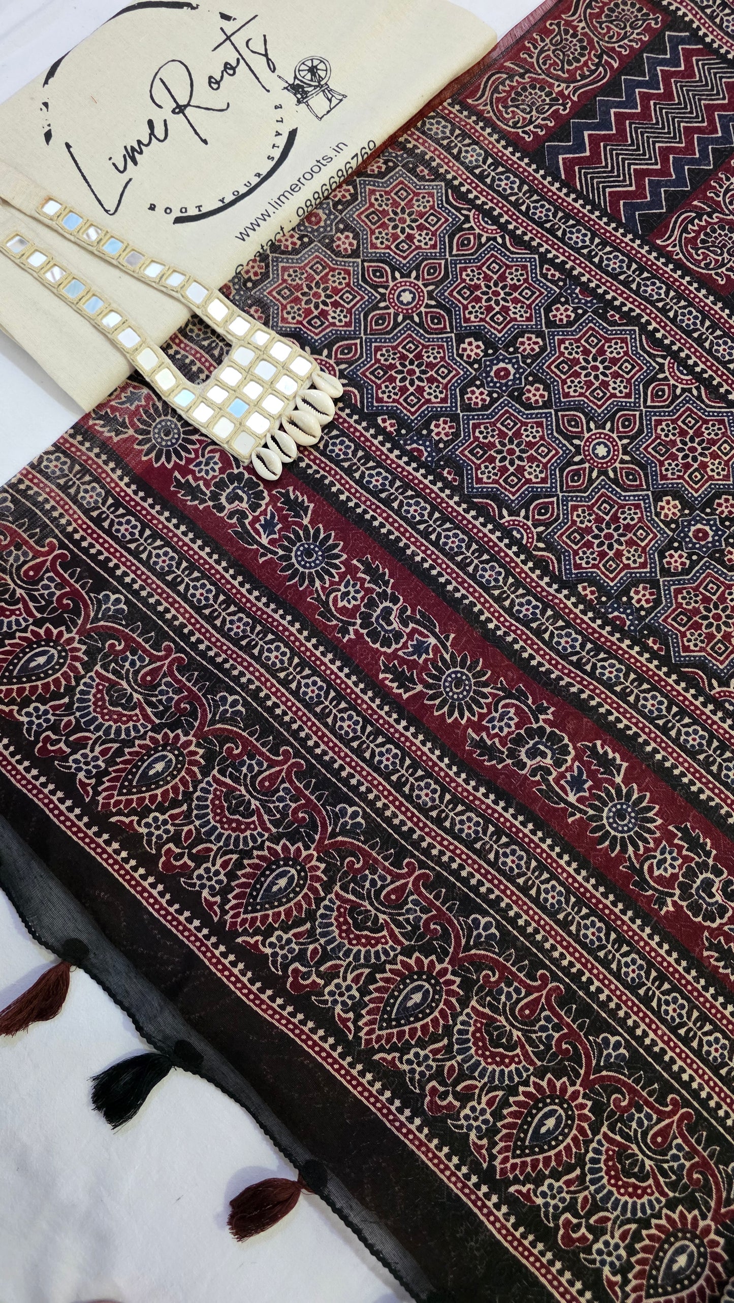Terracotta Ajrakh Bandhini Linen cotton Saree