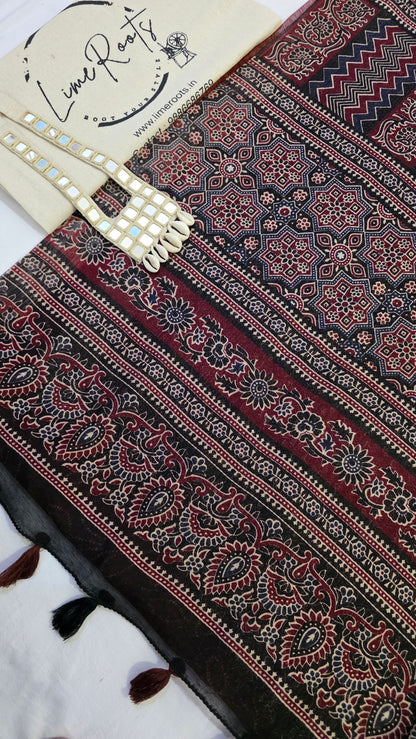 Terracotta Ajrakh Bandhini Linen cotton Saree