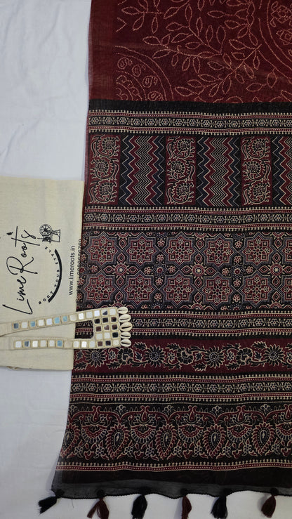 Terracotta Ajrakh Bandhini Linen cotton Saree