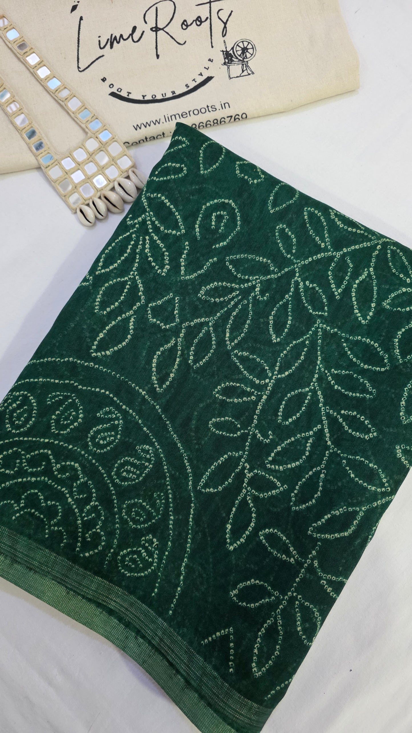 Green Ajrakh Bandhini Linen cotton Saree