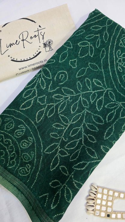 Green Ajrakh Bandhini Linen cotton Saree