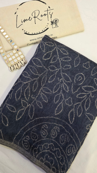 Grey Ajrakh Bandhini Linen cotton Saree