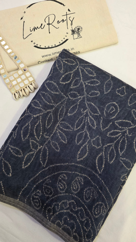 Grey Ajrakh Bandhini Linen cotton Saree