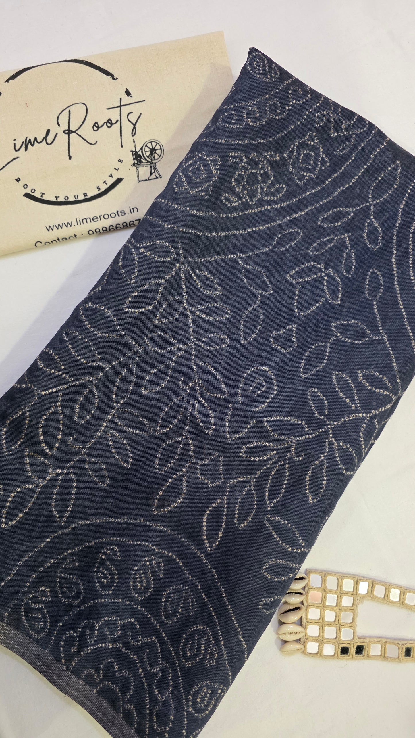 Grey Ajrakh Bandhini Linen cotton Saree