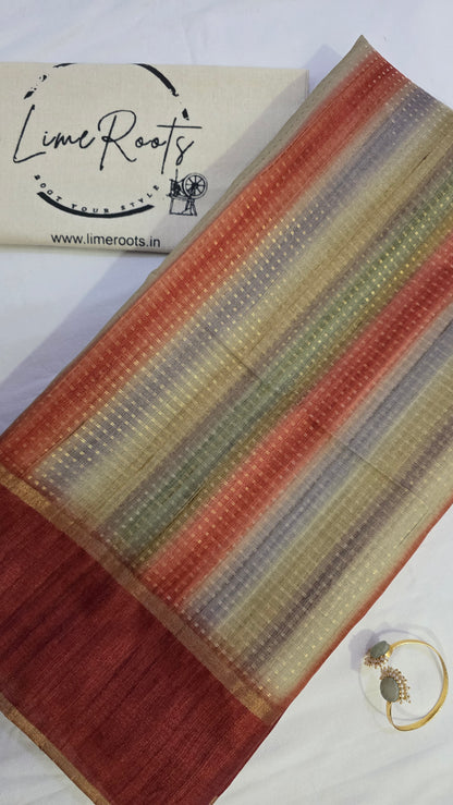 Maroon Ikat printed Tussar Silk Saree