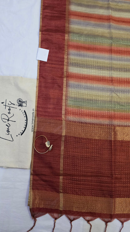 Maroon Ikat printed Tussar Silk Saree