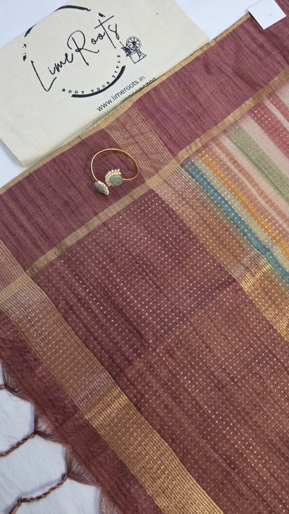 Brown Ikat printed Tussar Silk Saree